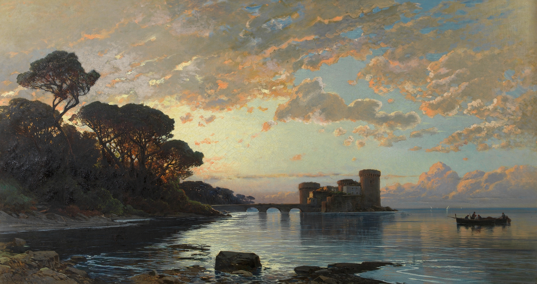 Torre Astura, Nettuno by Hermann David Salomon Corrodi, oil painting of a stone tower by the sea.