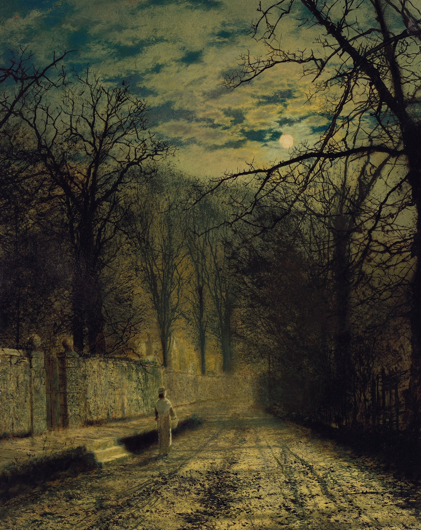 A Moonlit Street oil painting by John Atkinson Grimshaw, featuring a cobblestone street under moonlight.