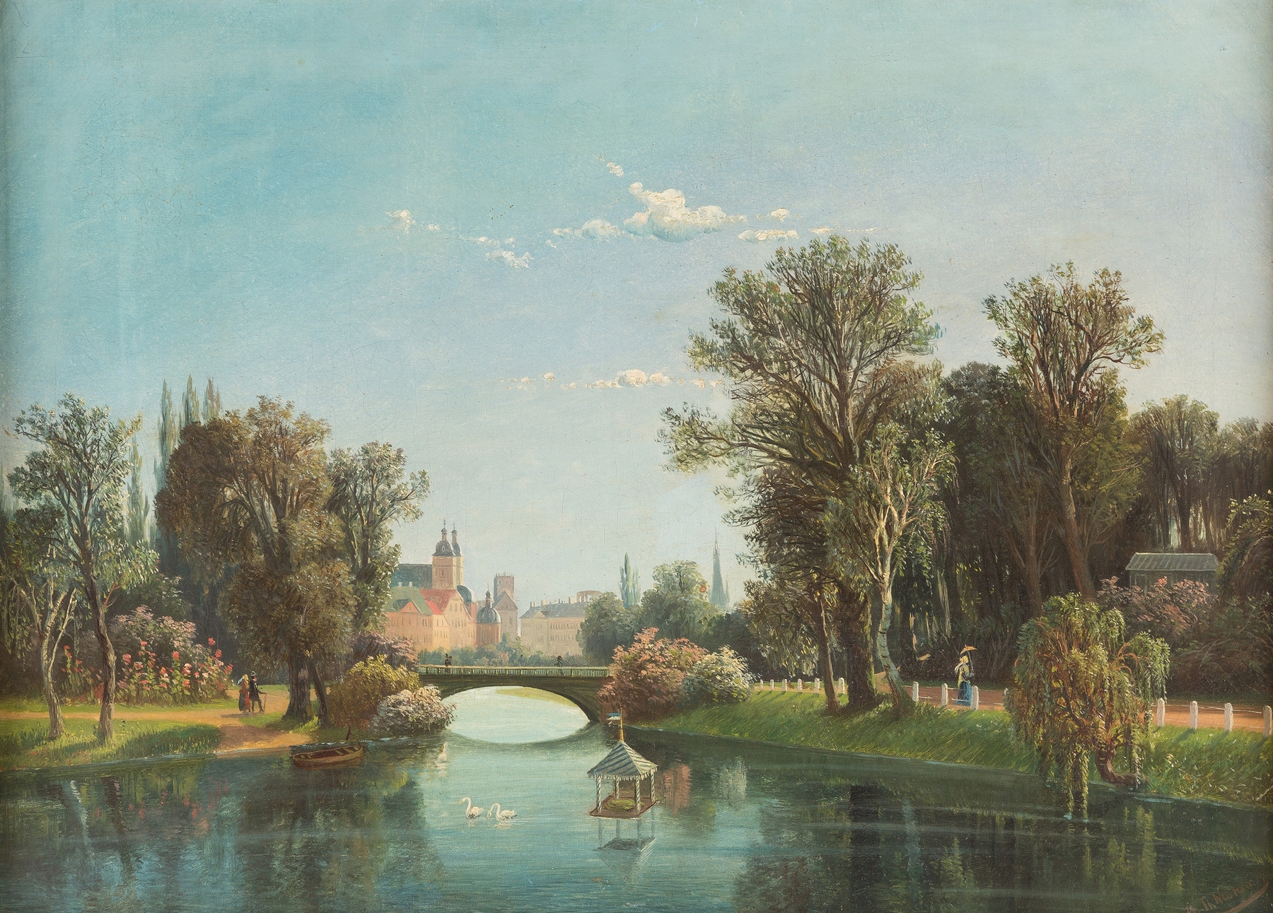 Summer park landscape by Theodor Nocken, depicting a serene park with trees and a winding path.