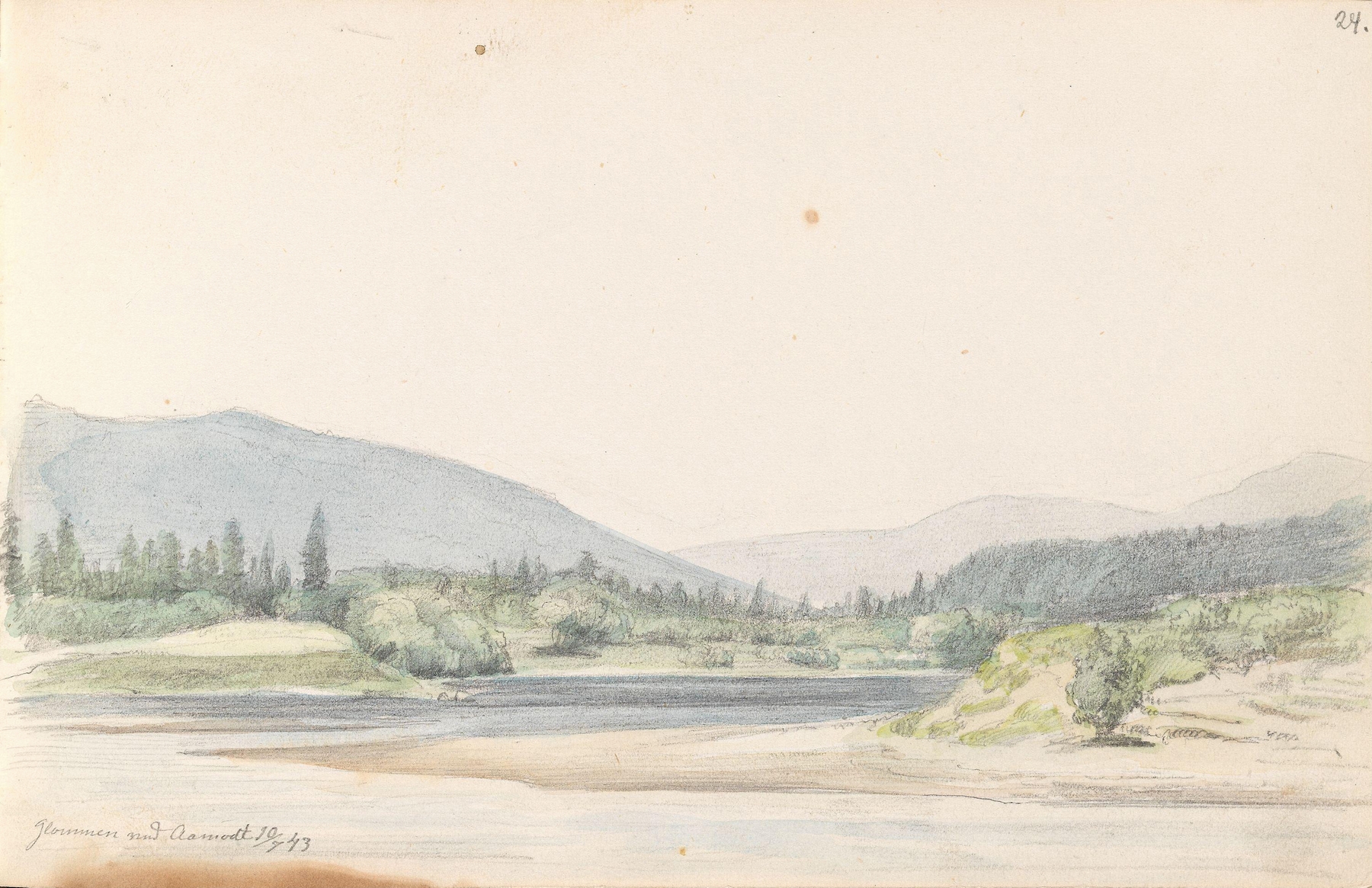 Landscape of Glomma ved Åmot by Adolph Tidemand, oil painting depicting a river and distant hills.
