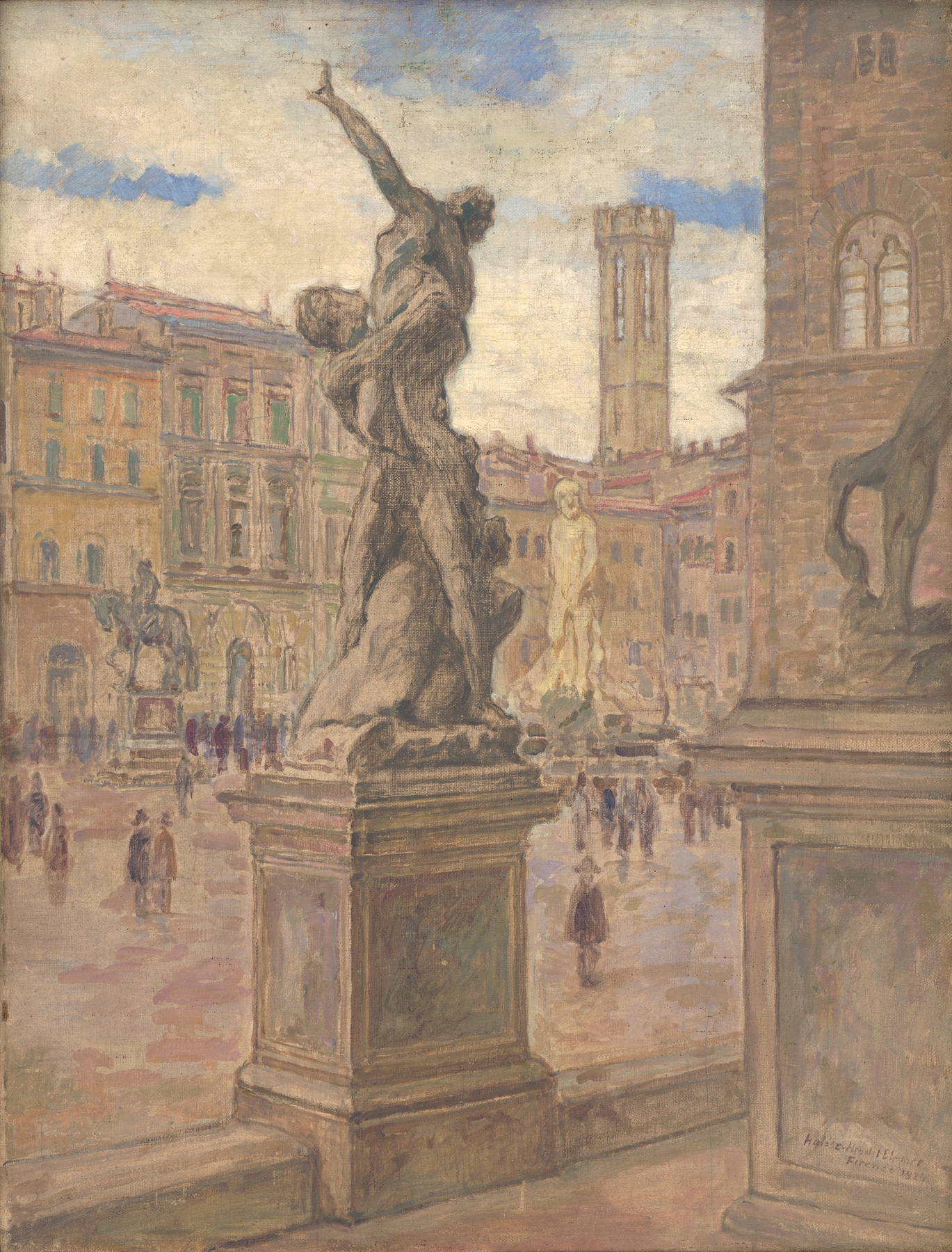 Landscape of a sunlit square in Florence, oil on canvas by Elemír Halász-Hradil