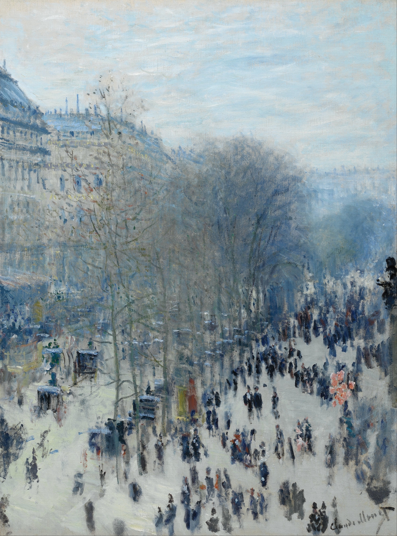 Boulevard des Capucines, oil on canvas by Claude Monet, depicting a lively Parisian street scene.