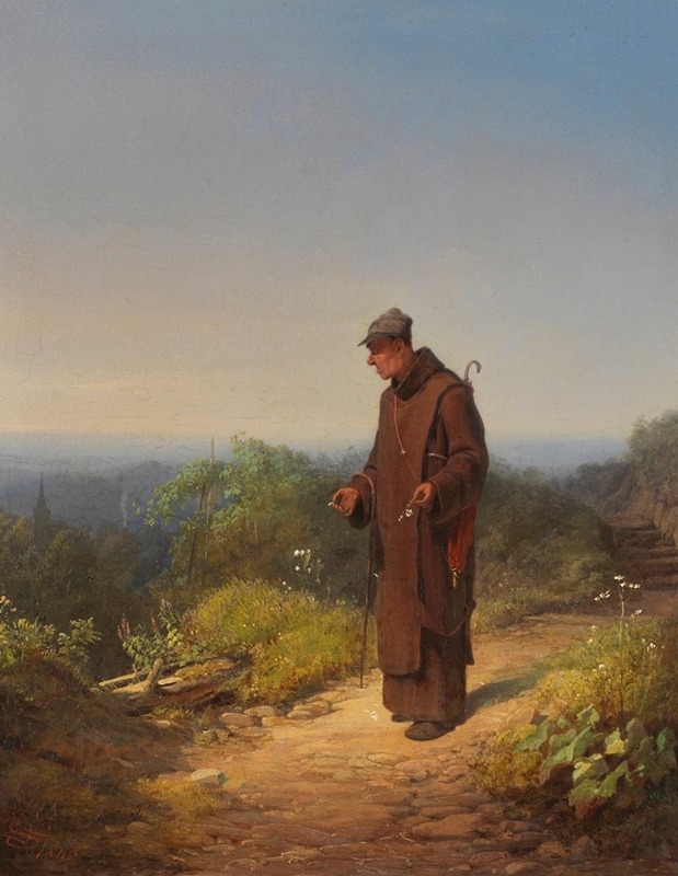 A monk gazes thoughtfully while holding a flower, reflecting on love.