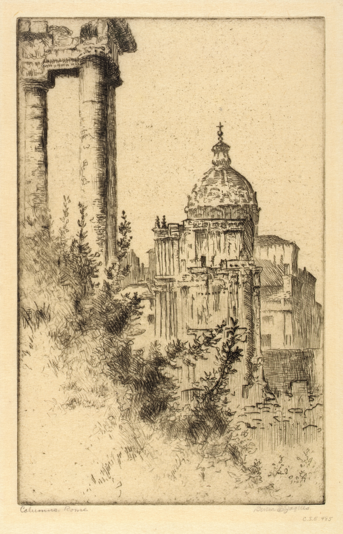 Etching by Bertha Jaques depicting luminous columns in the Roman Forum