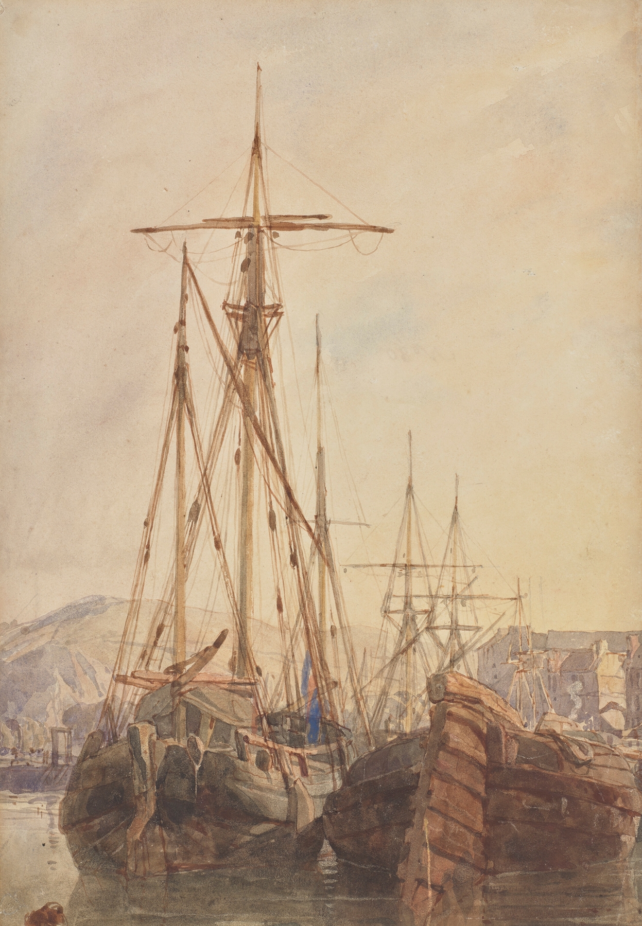 Fishing Boats at Anchor, Boulogne, France, by Richard Parkes Bonington, public domain