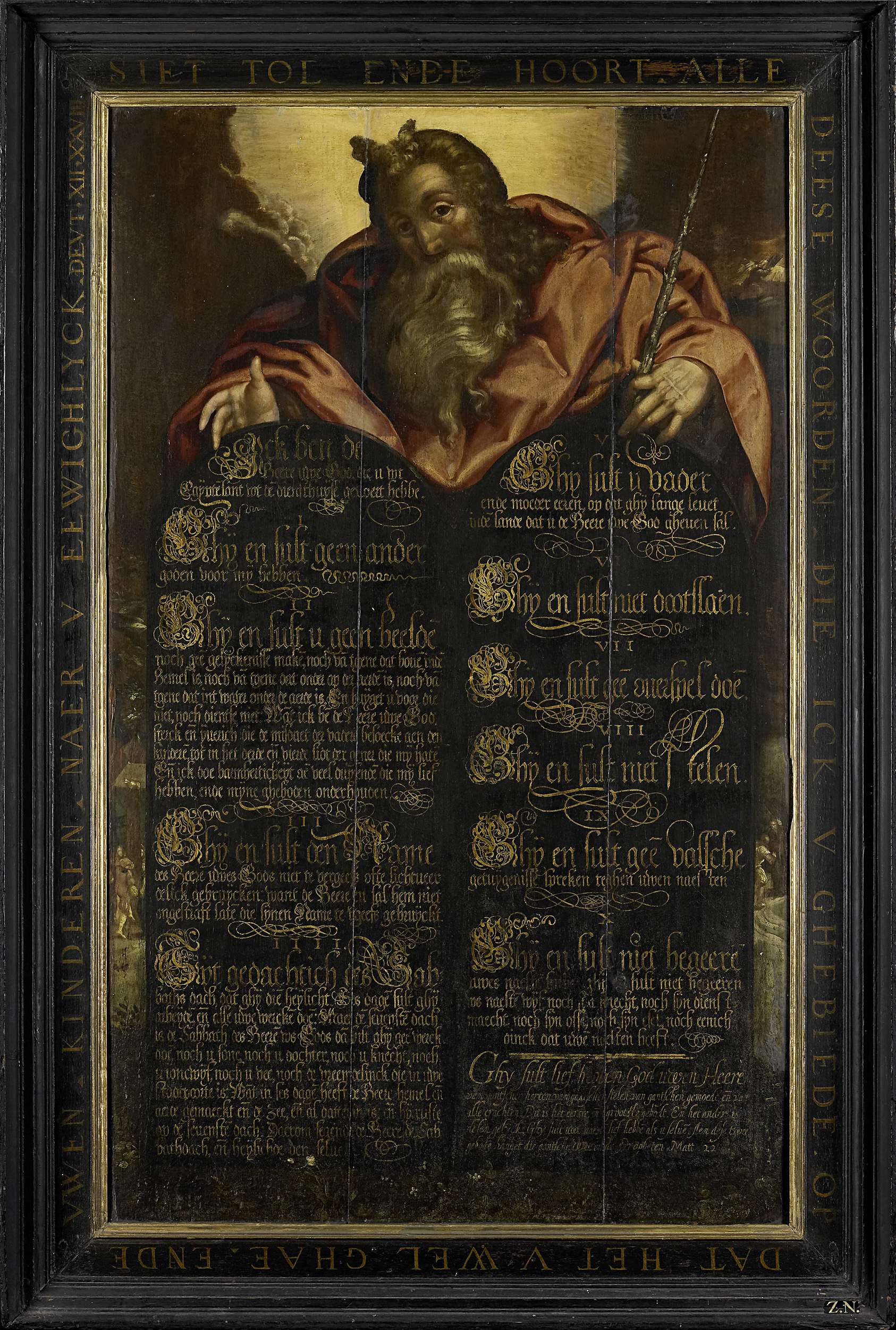 Moses showing the Tables of the Law with calligraphy, oil on panel by unknown artist