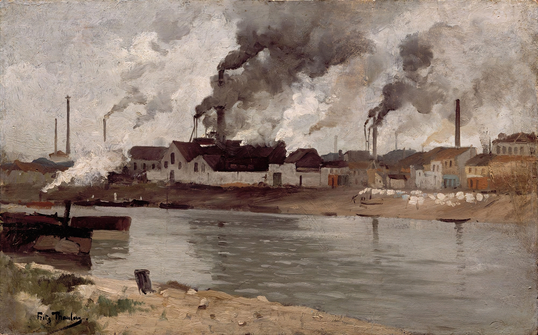 Factories in Ivry by Frits Thaulow, oil painting depicting factories, river, and smoke