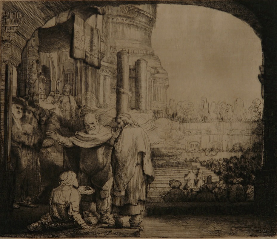 Rembrandt's 'Peter and John at the Gate of the Temple' depicts a miraculous healing scene.