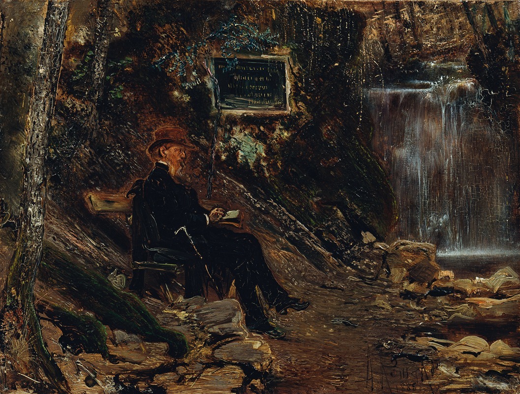 Portrait of Hermann Rollett by Anton Romako, showcasing a serene waterfall backdrop.