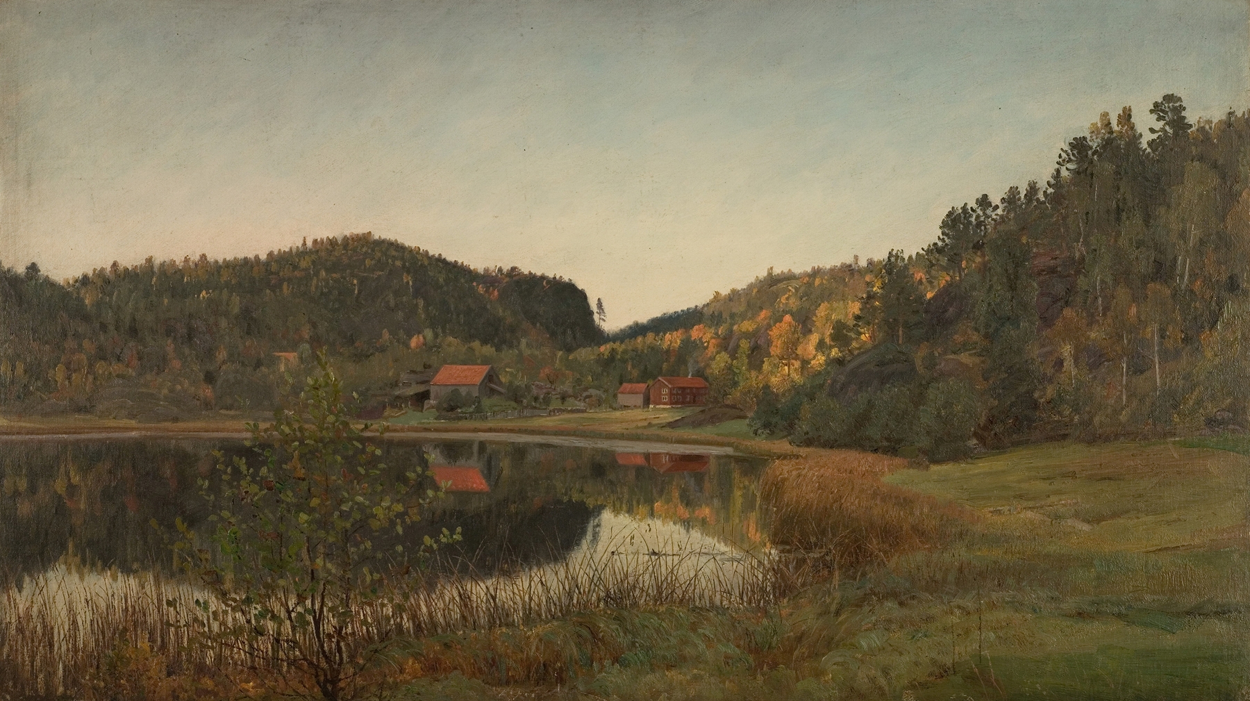 Landscape of a tranquil valley under a muted sky by Amaldus Nielsen, oil painting
