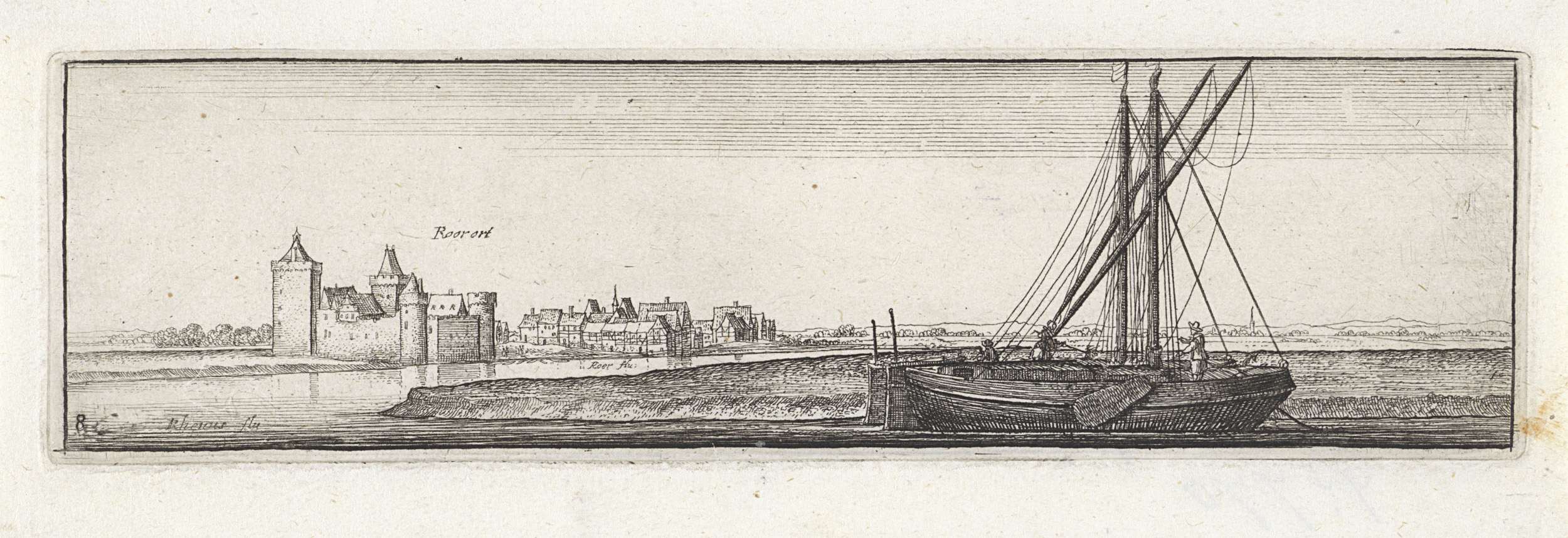 Rivierlandschap met gezicht op Ruhrort, by Wenceslaus Hollar, public domain