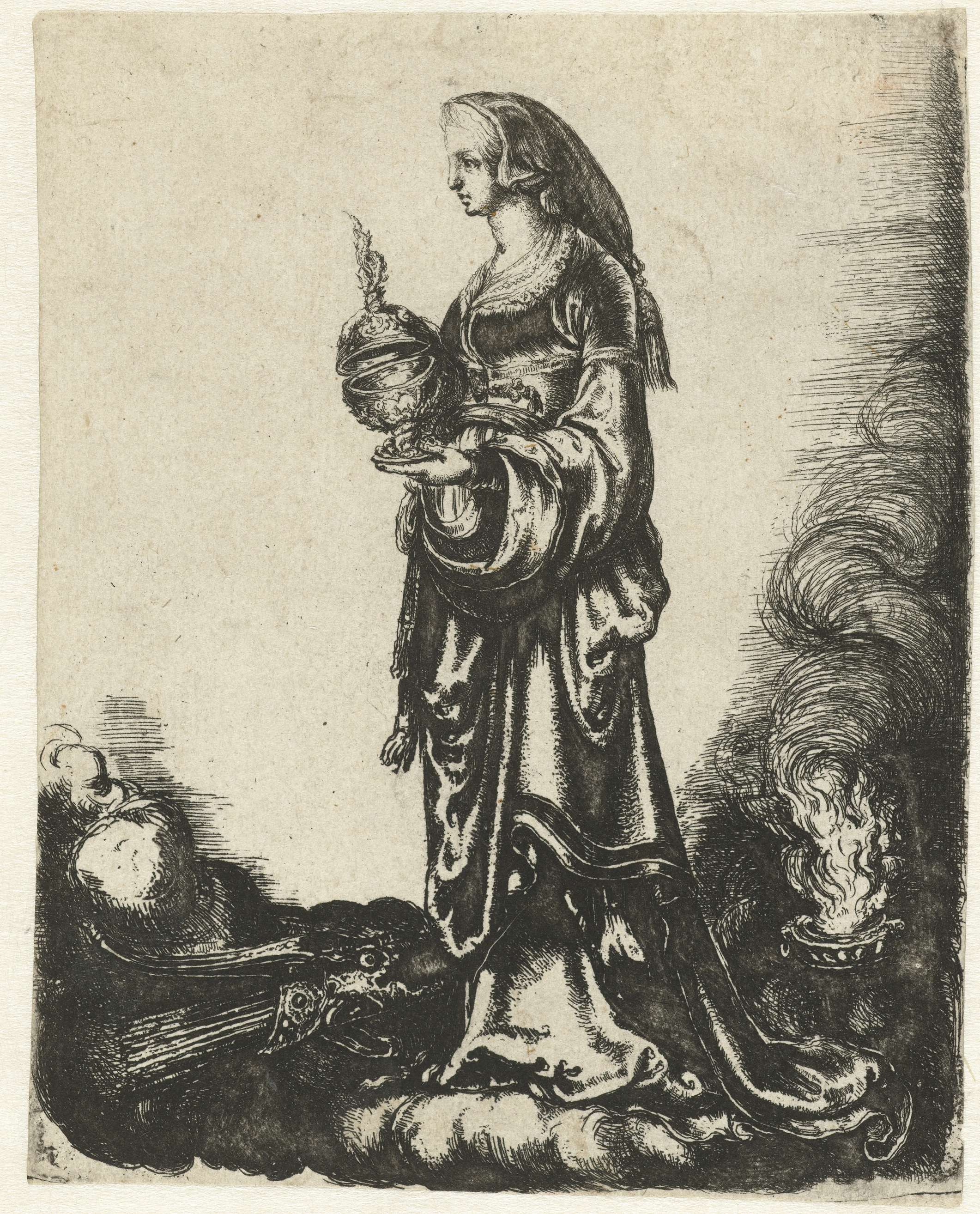 Allegorie met vrouw met beker staand op wolk, by Adam Elsheimer, public domain
