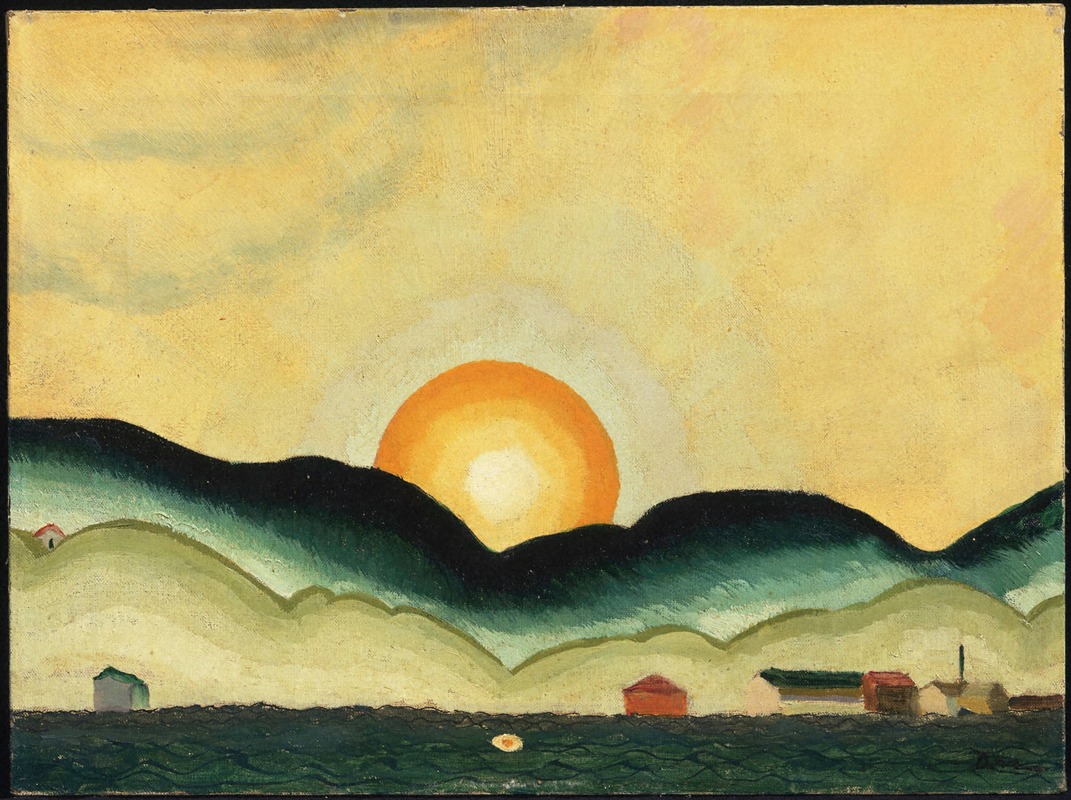 Arthur Dove's 'Sunrise, Northport Harbor' captures a serene morning scene with vibrant colors.