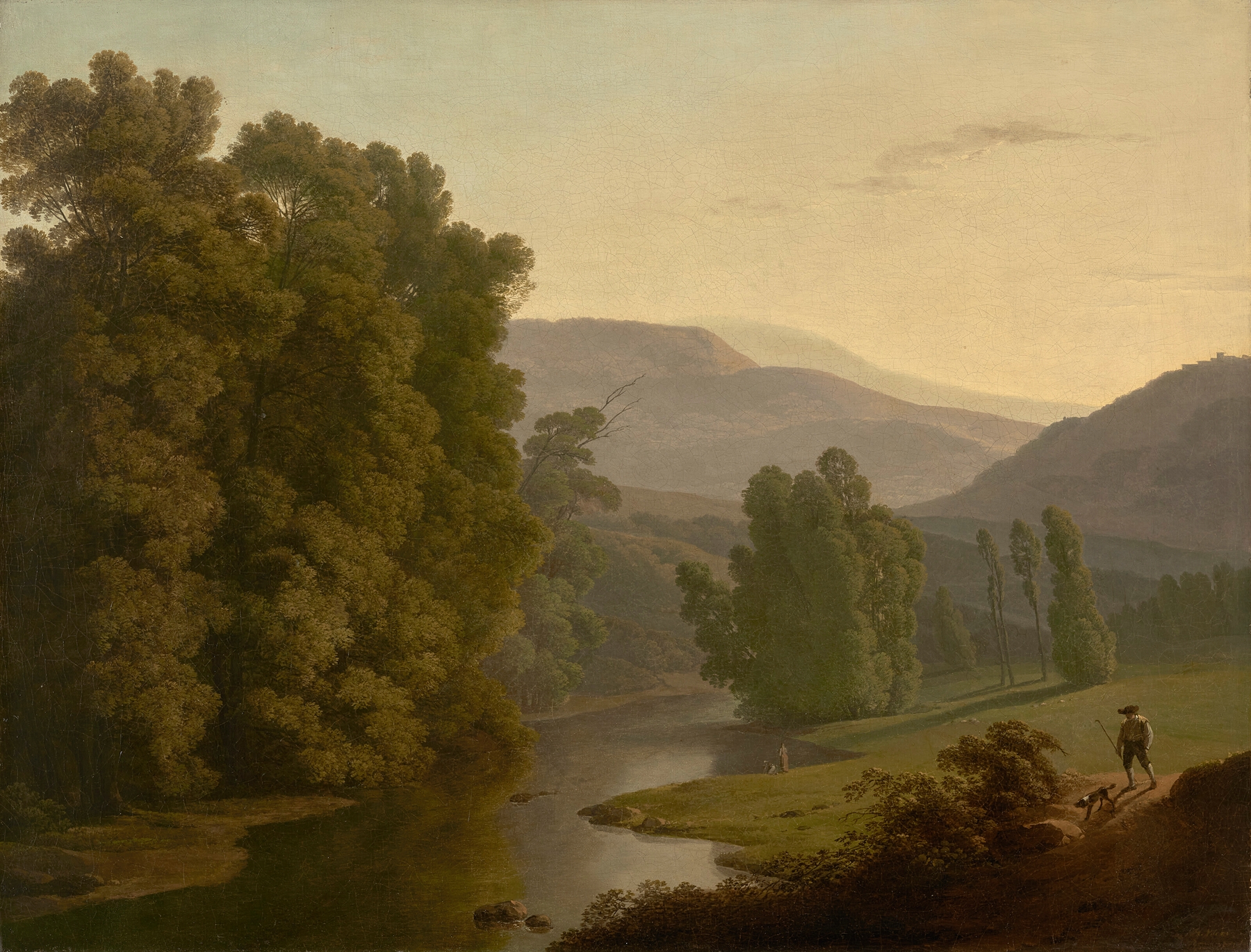 Landscape with figures by a river and mountains, oil painting by Hendrik Voogd