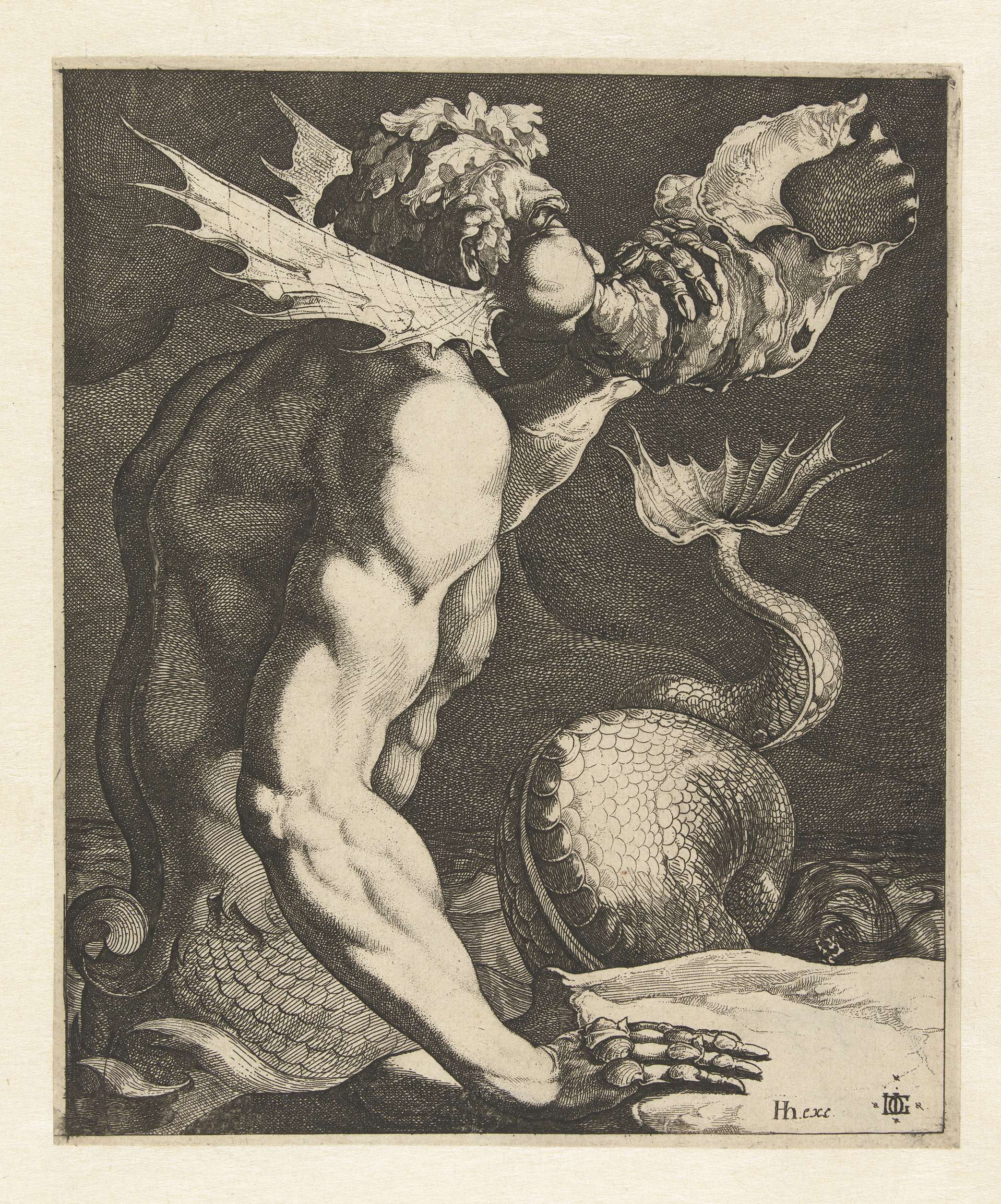 Triton blowing a shell in an etching by Jacques de Gheyn