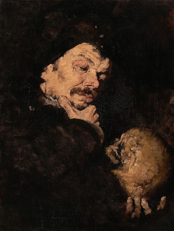 A man holding a skull in a contemplative pose.