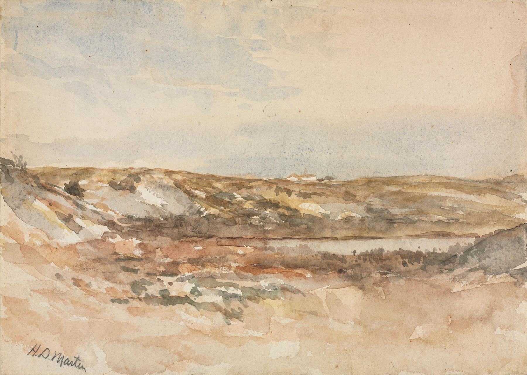 Oil painting by Homer Dodge Martin featuring gentle hills and tranquil waters.