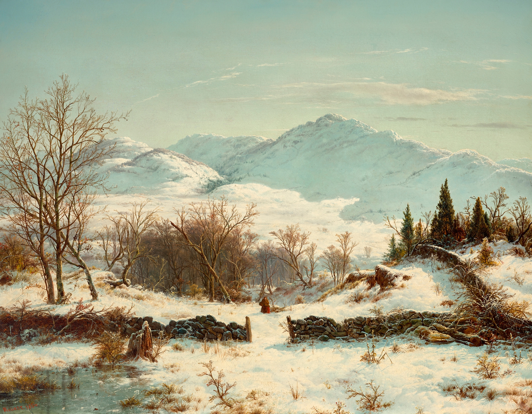 Winter Scene by Louis Remy Mignot, oil painting depicting frosted branches and snow.