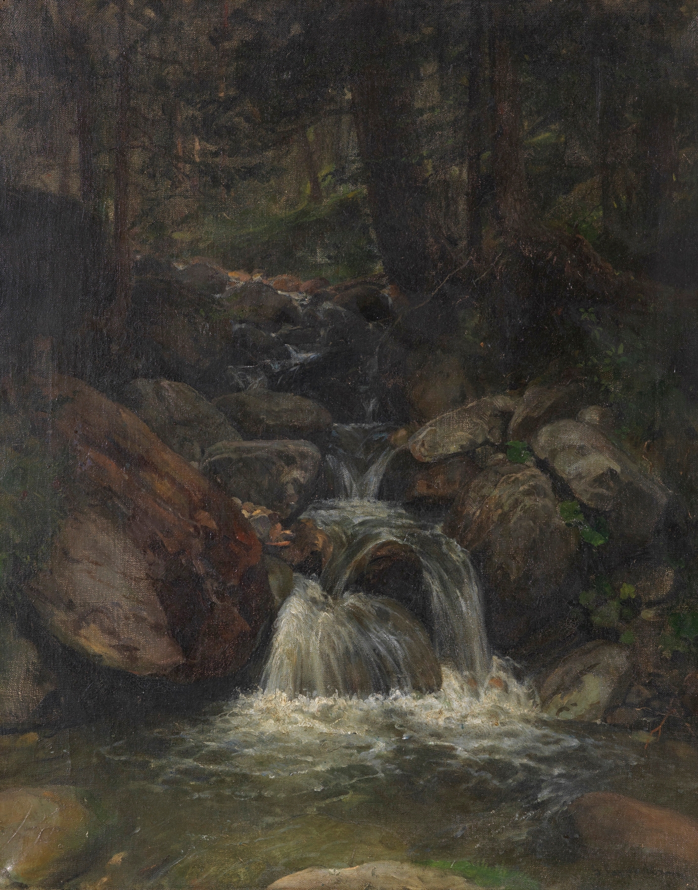 Waldinneres mit Wasserfall by Gustav Friedrich Papperitz, oil painting depicting a forest waterfall.