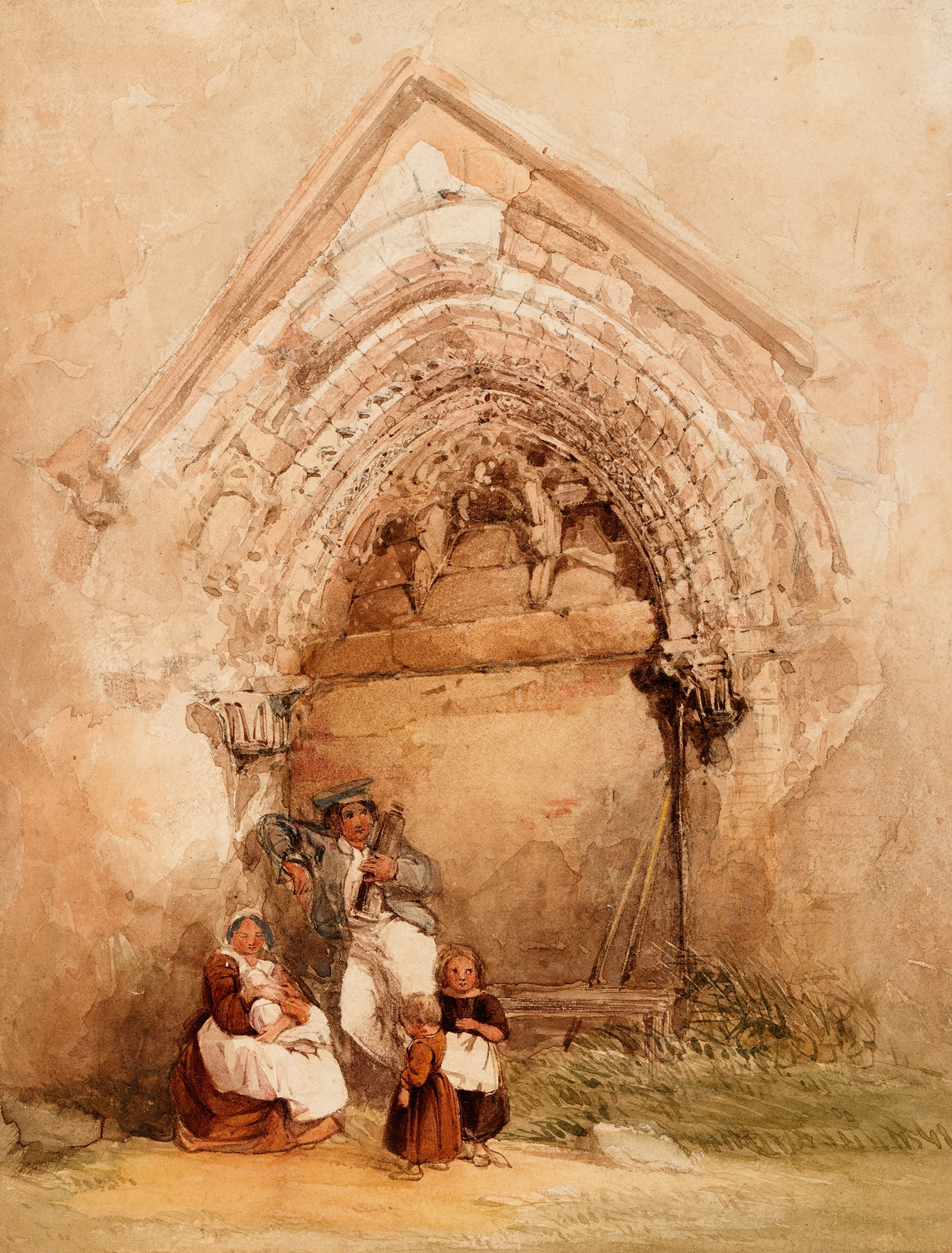 Figures by a doorway at Corfe Castle, Dorset, oil on canvas by George Howse
