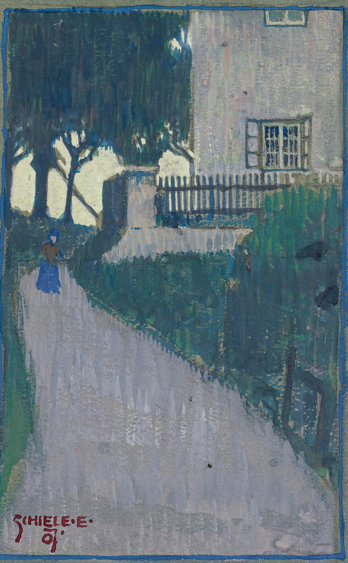 Landscape With House, Trees And Female Figure, by Egon Schiele, public domain