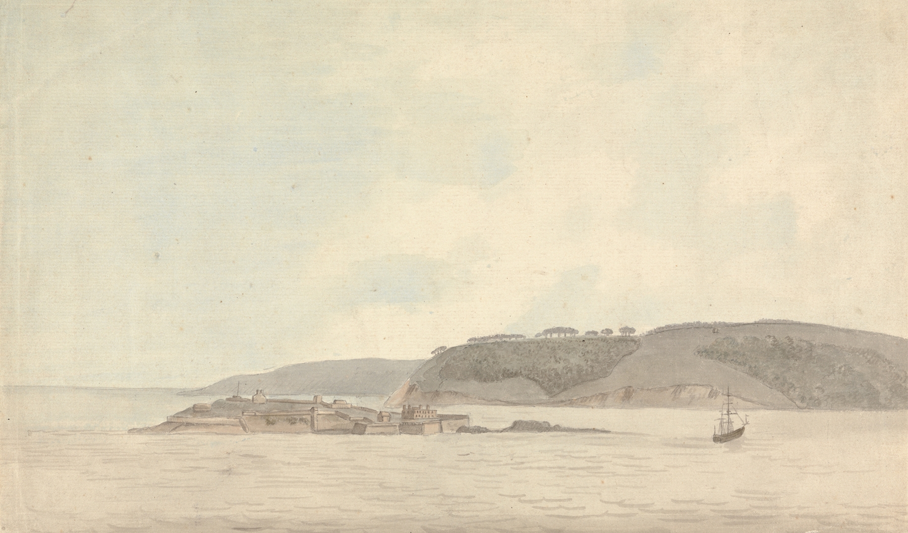 St. Nicholas’s Island off Mount Edgecombe by Capt. Francis Grose, oil painting depicting a marine landscape.