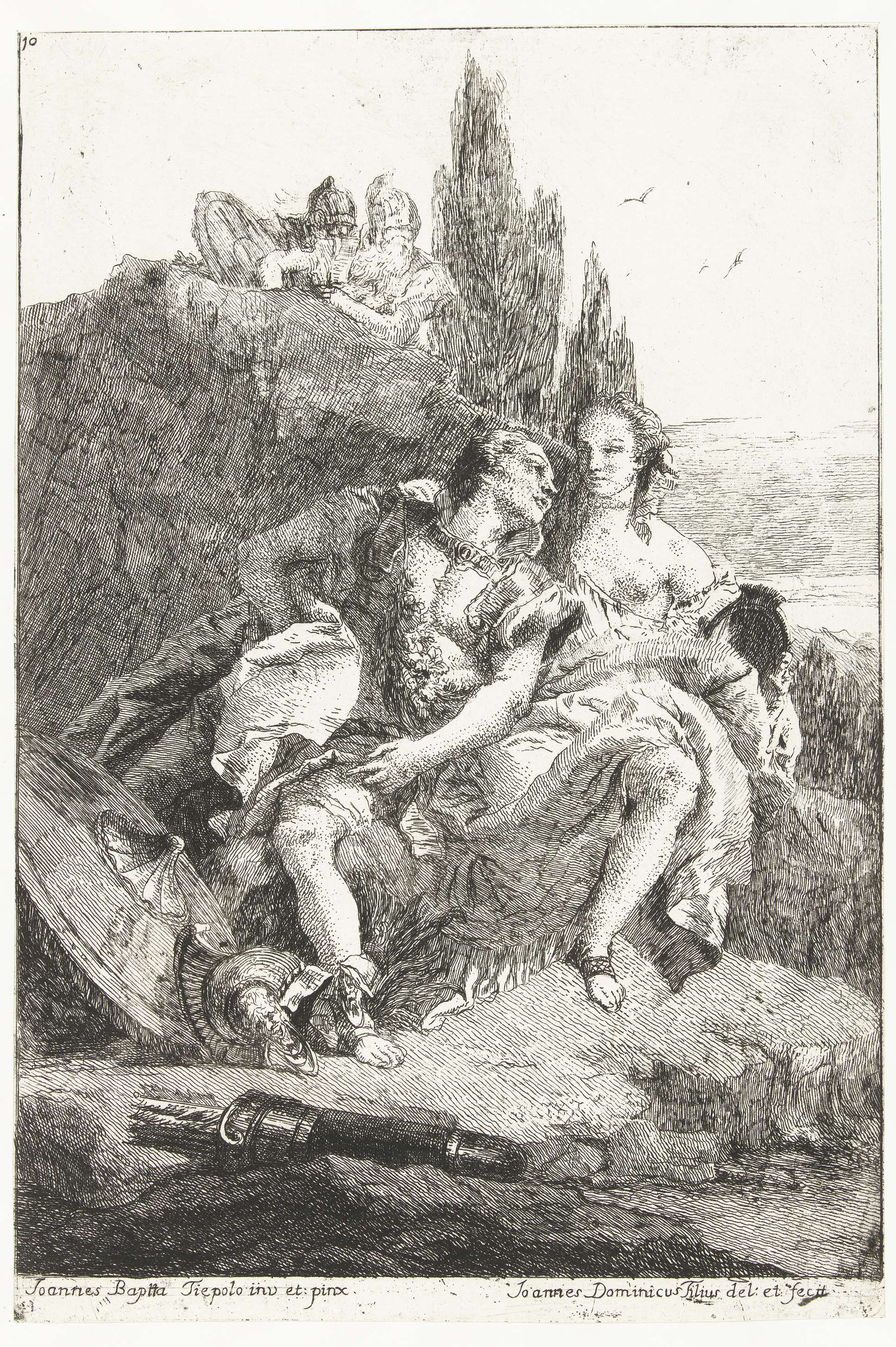 Rinaldo en Armida als liefdespaar aangetroffen bij een meer door twee ridders, by Giovanni Domenico Tiepolo, public domain