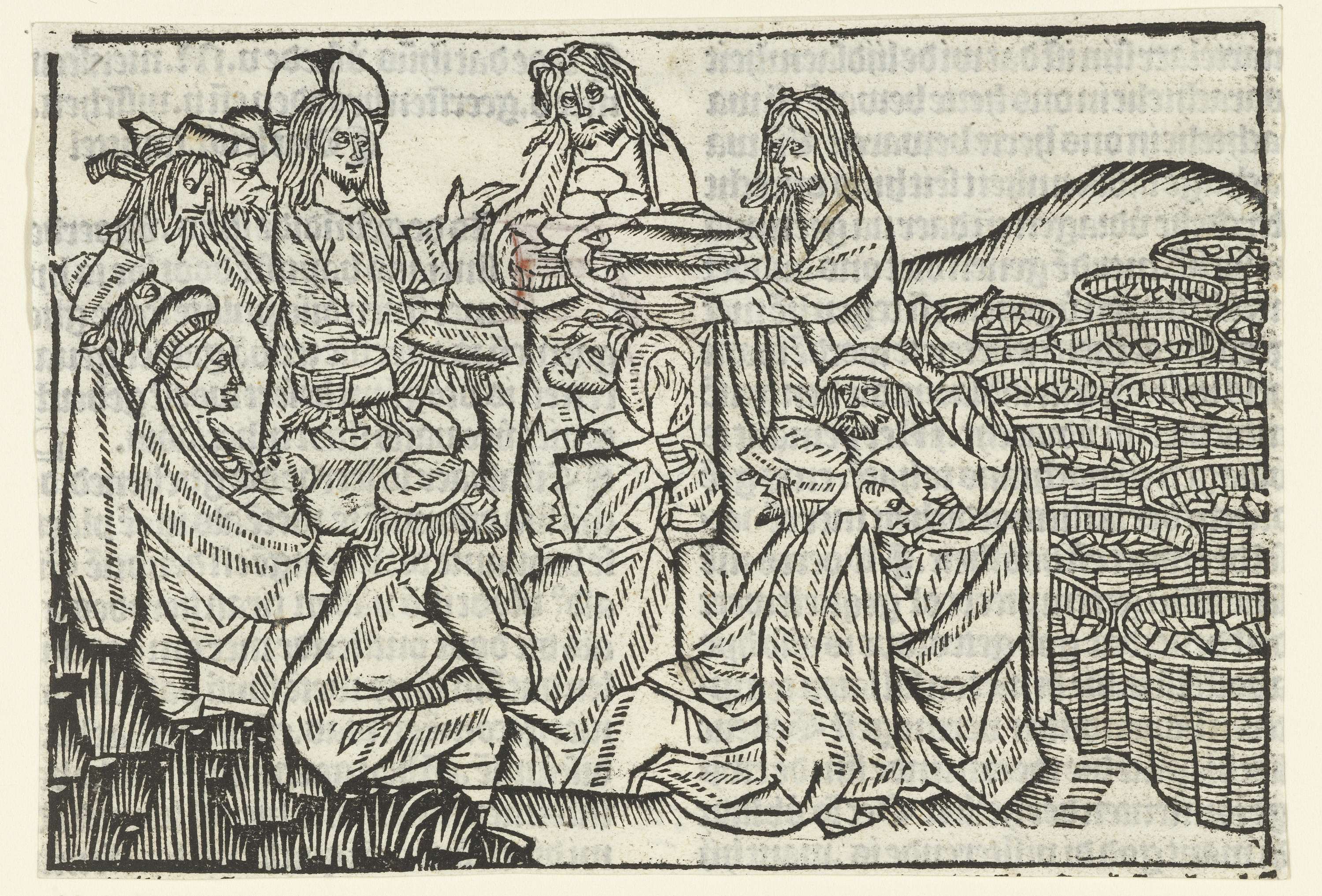 Religious scene depicting the miracle of bread and fish by Master of Delft, paper medium.