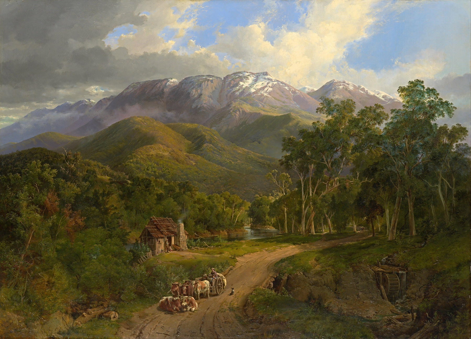 Landscape of rolling hills under a blue sky, oil on canvas by Nicholas Chevalier