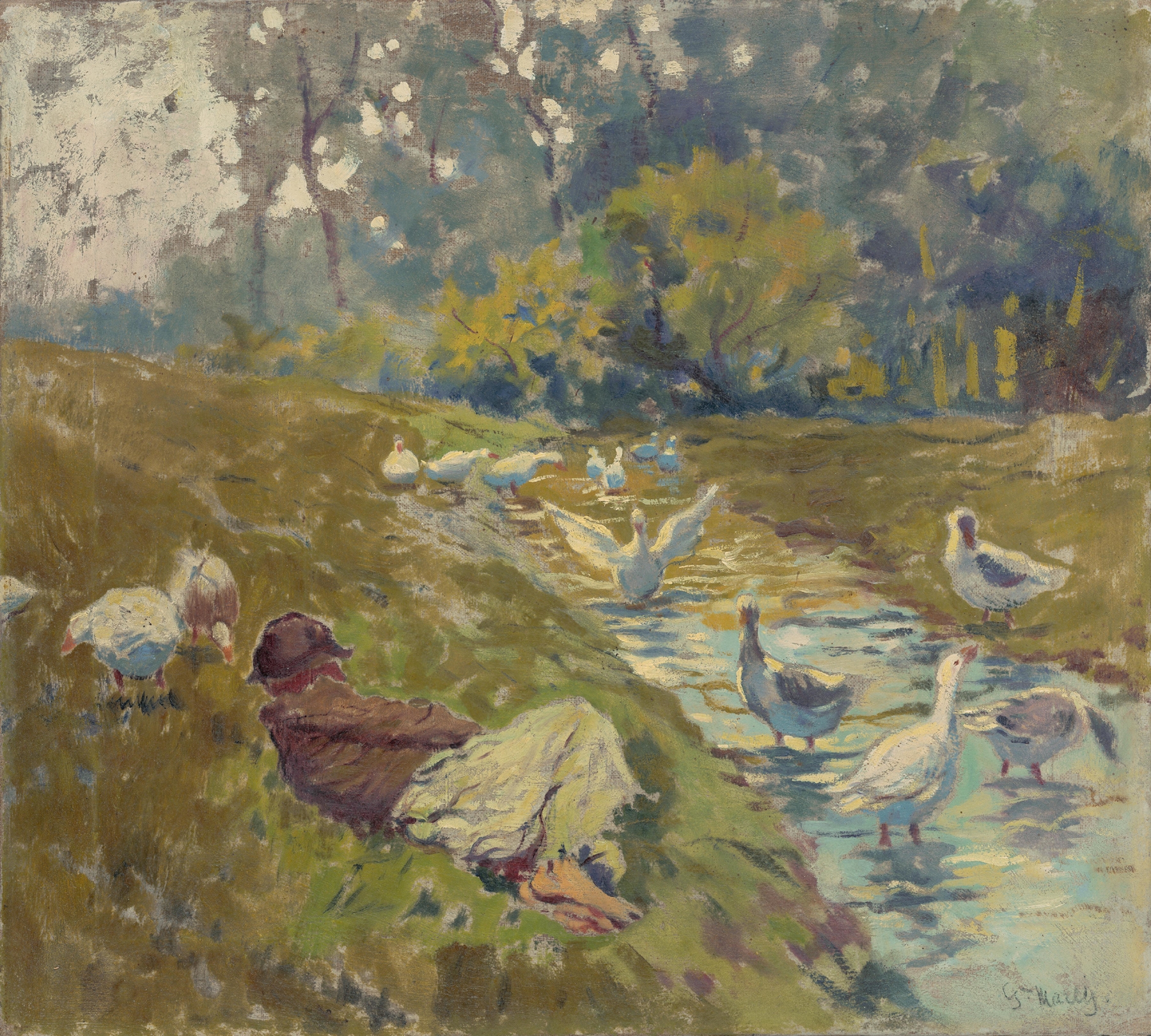 Geese Herder by Gustáv Mallý, oil on canvas depicting a herder with geese in a natural setting.
