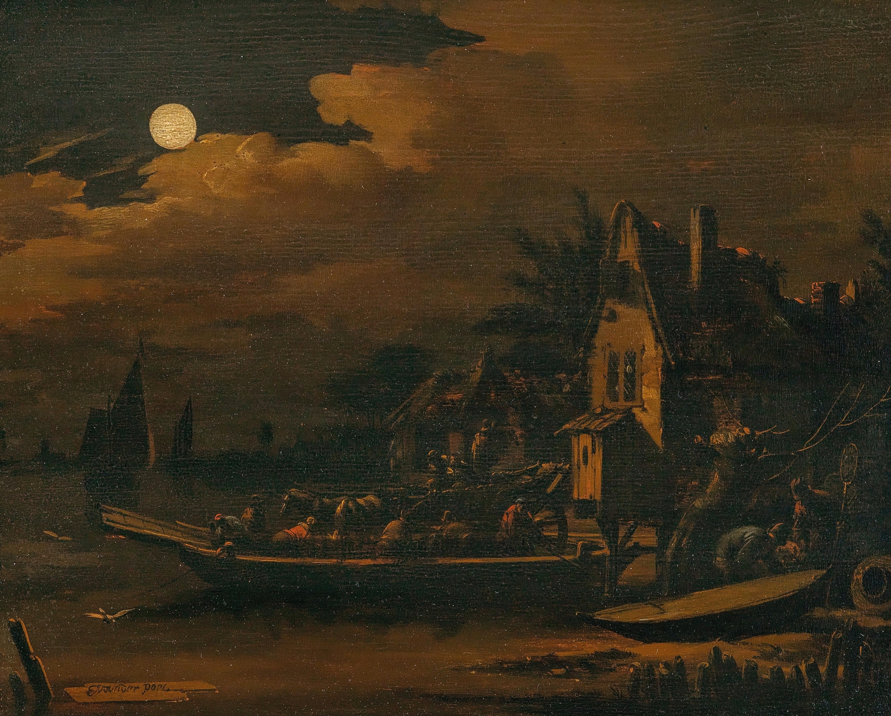 A nocturnal river landscape with a ferry boat, oil on canvas by Egbert van der Poel