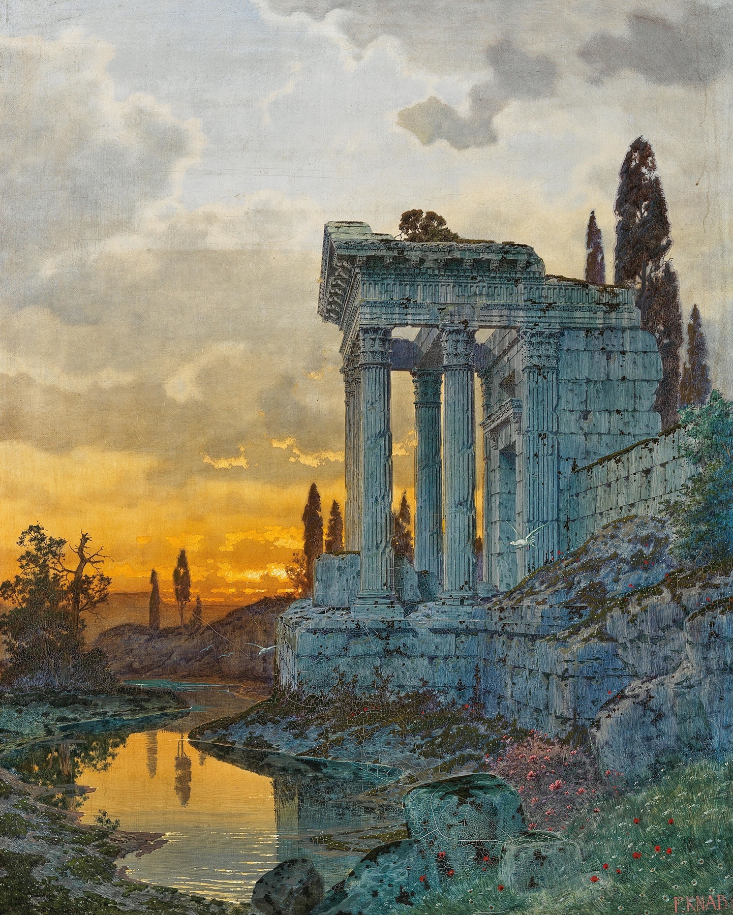 A Southern Landscape with Ruins of an Antique Temple by Ferdinand Knab, oil painting