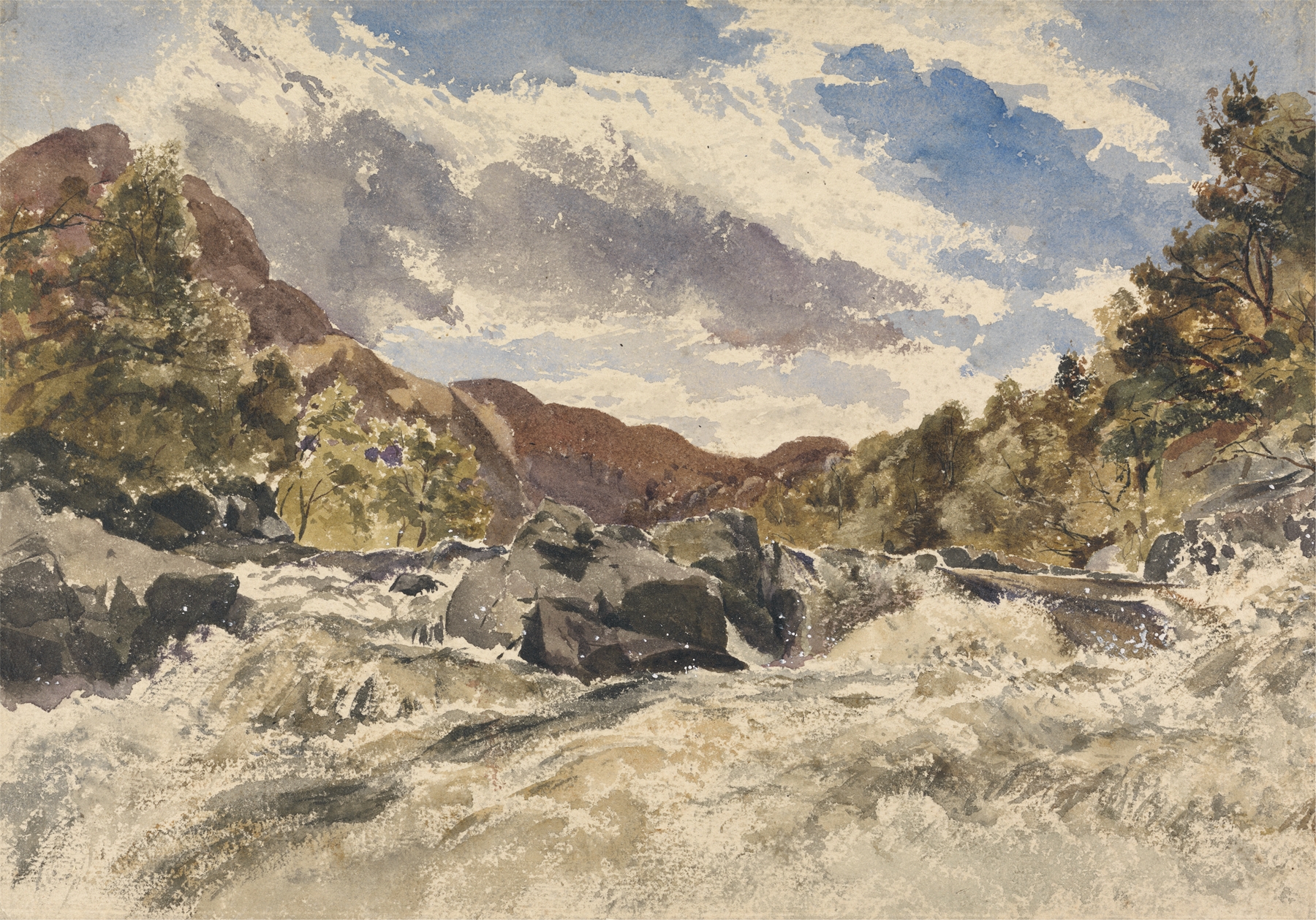 A Mountain Torrent by William James Müller, oil on canvas depicting rushing waters and sunlight through trees.