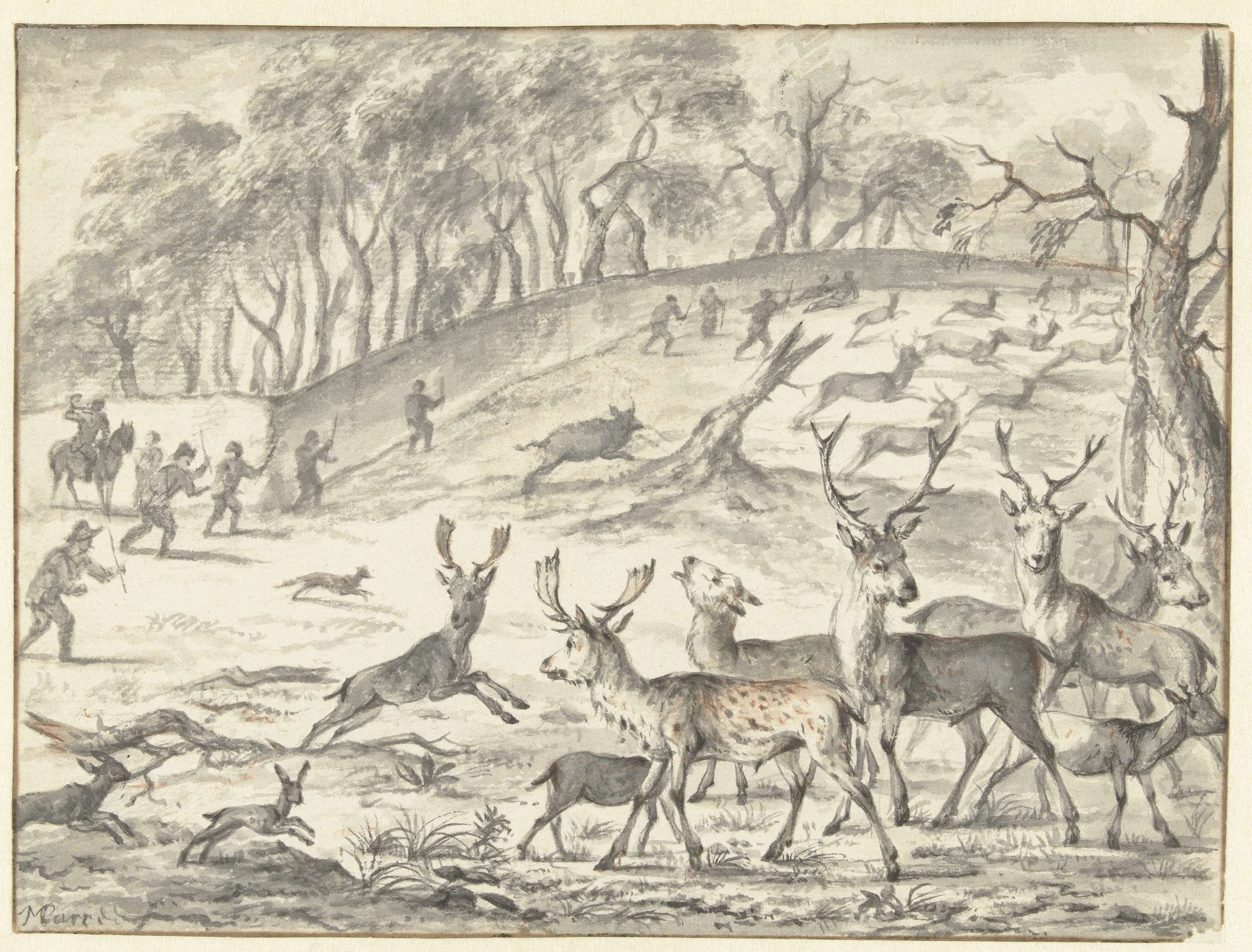 Drijfjacht op herten by Michiel Carree, genre scene depicting hunters in a forest, oil painting.