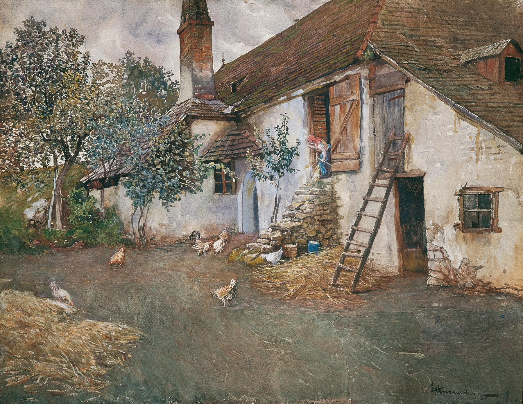 Landscape by Eduard Ameseder, depicting rural fields and hills in an impressionist style.