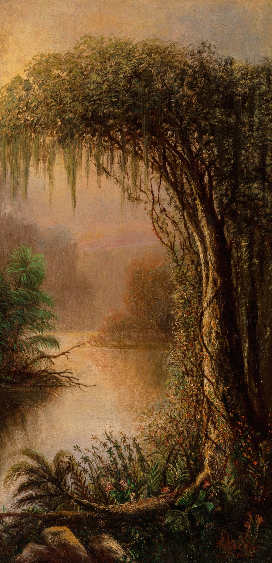 Bayou by Joseph Rusling Meeker, oil on canvas, depicting a tranquil landscape with water and foliage.