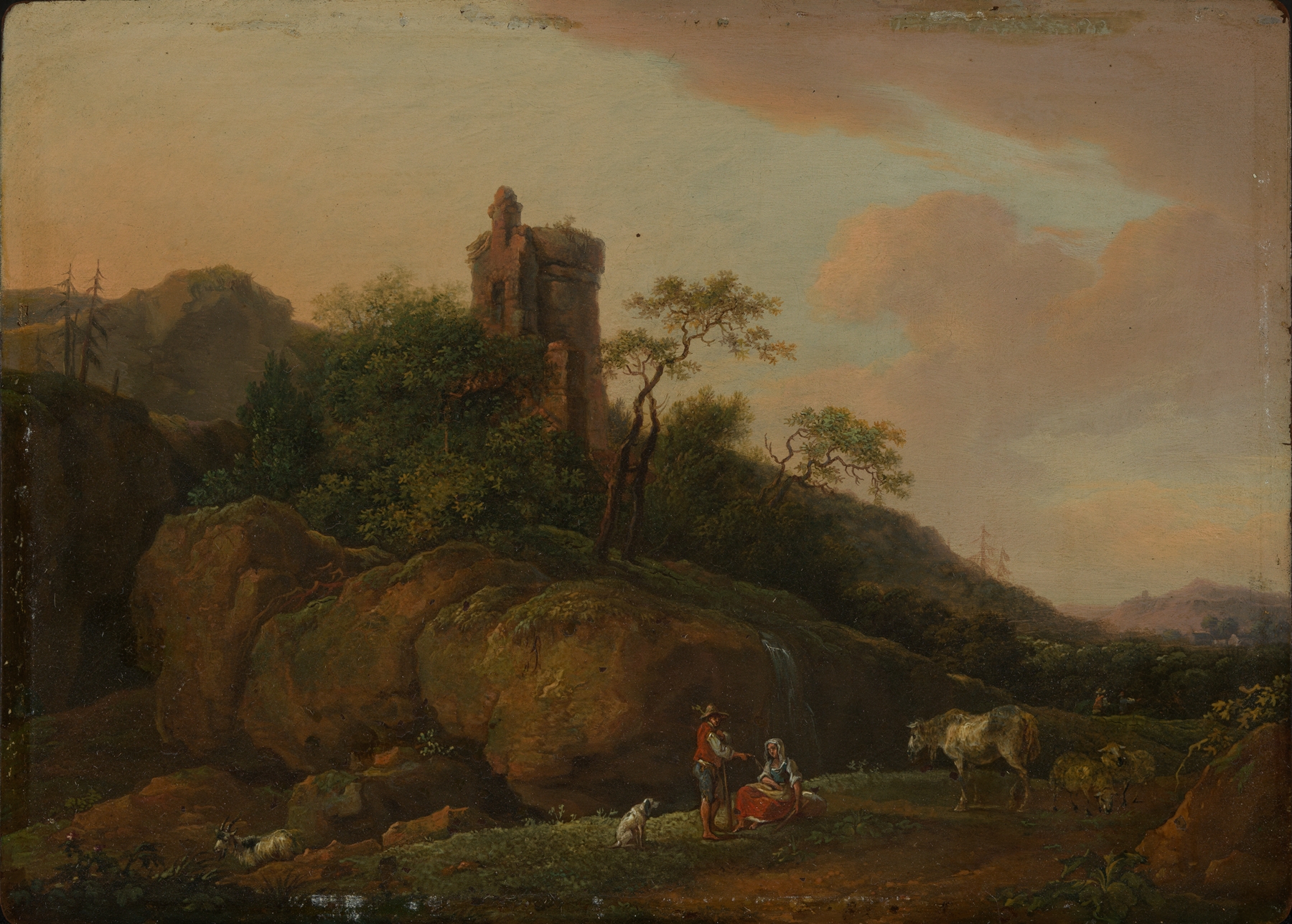 Oil painting by Ferdinand Kobell depicting castle ruins, a shepherd, and flock at sunset