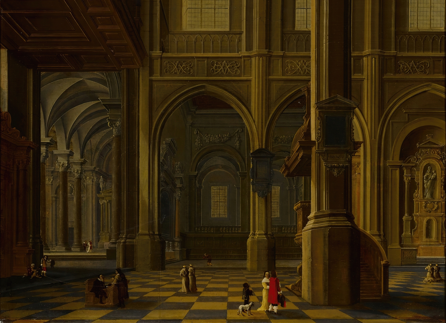 Interior of a Gothic cathedral with figures, oil on canvas by Bartholomeus van Bassen