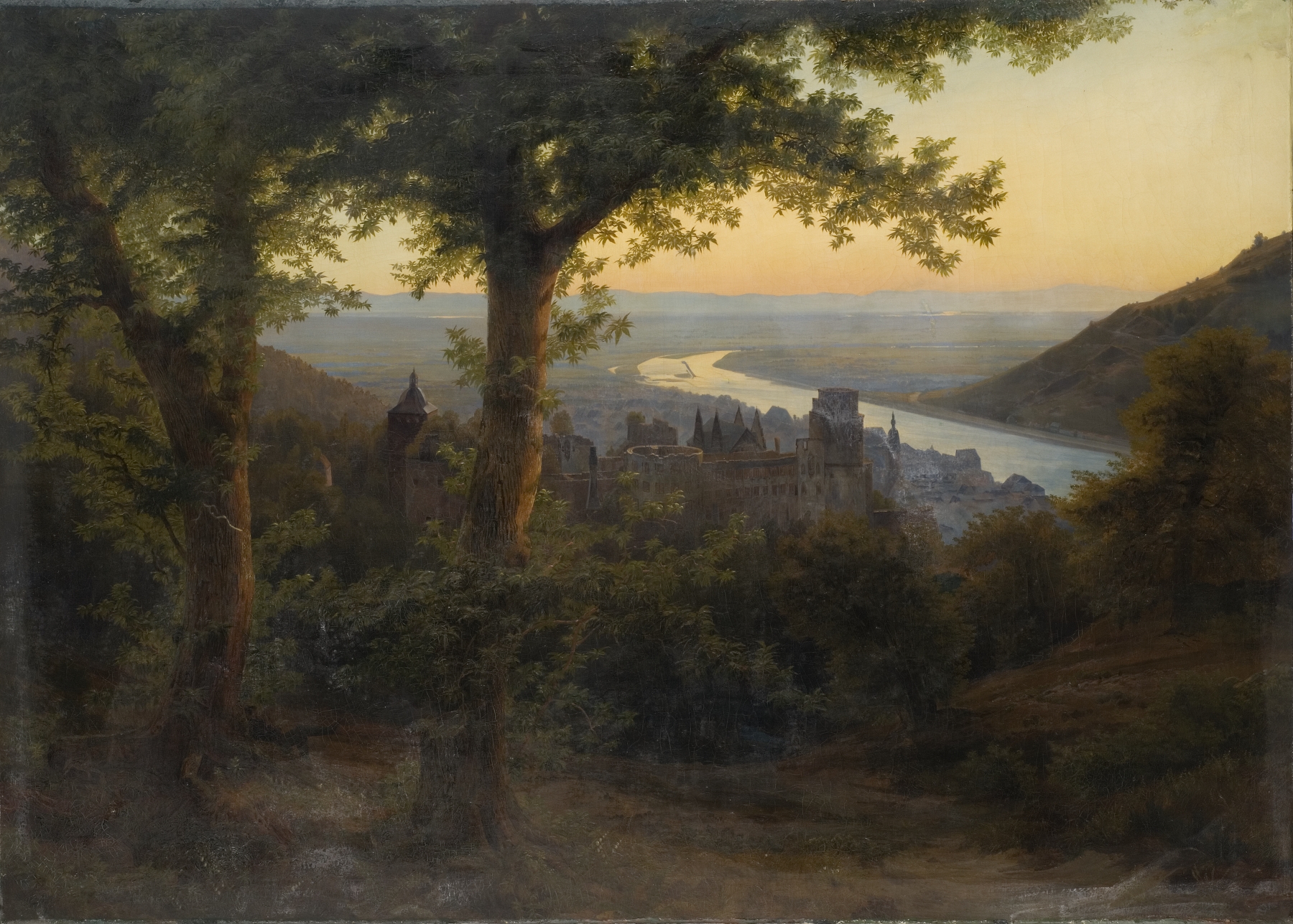 The Castle of Heidelberg by Carl Dahl, oil on canvas, depicts a castle at twilight.