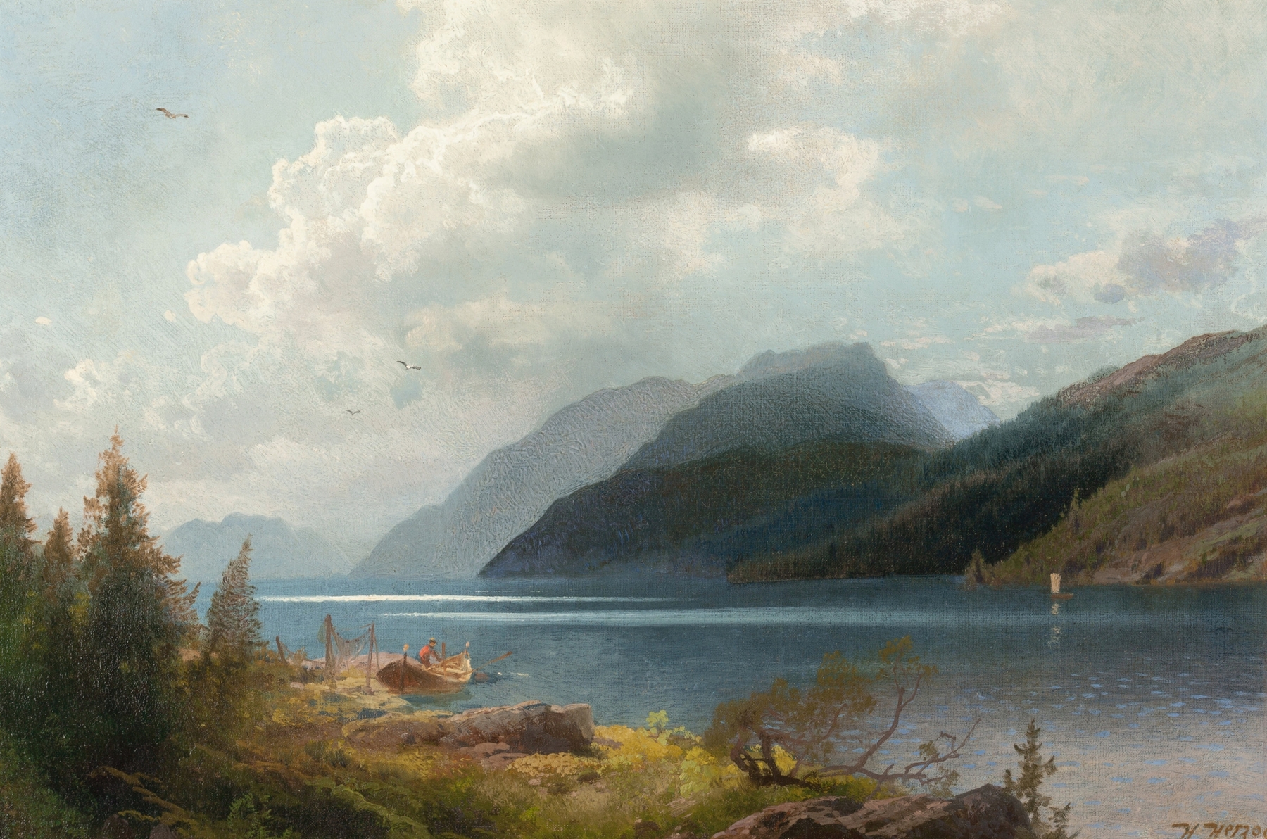 Mountain Lake, Sagne Fjord by Hermann Ottomar Herzog, oil on canvas depicting tranquil water and mountains.