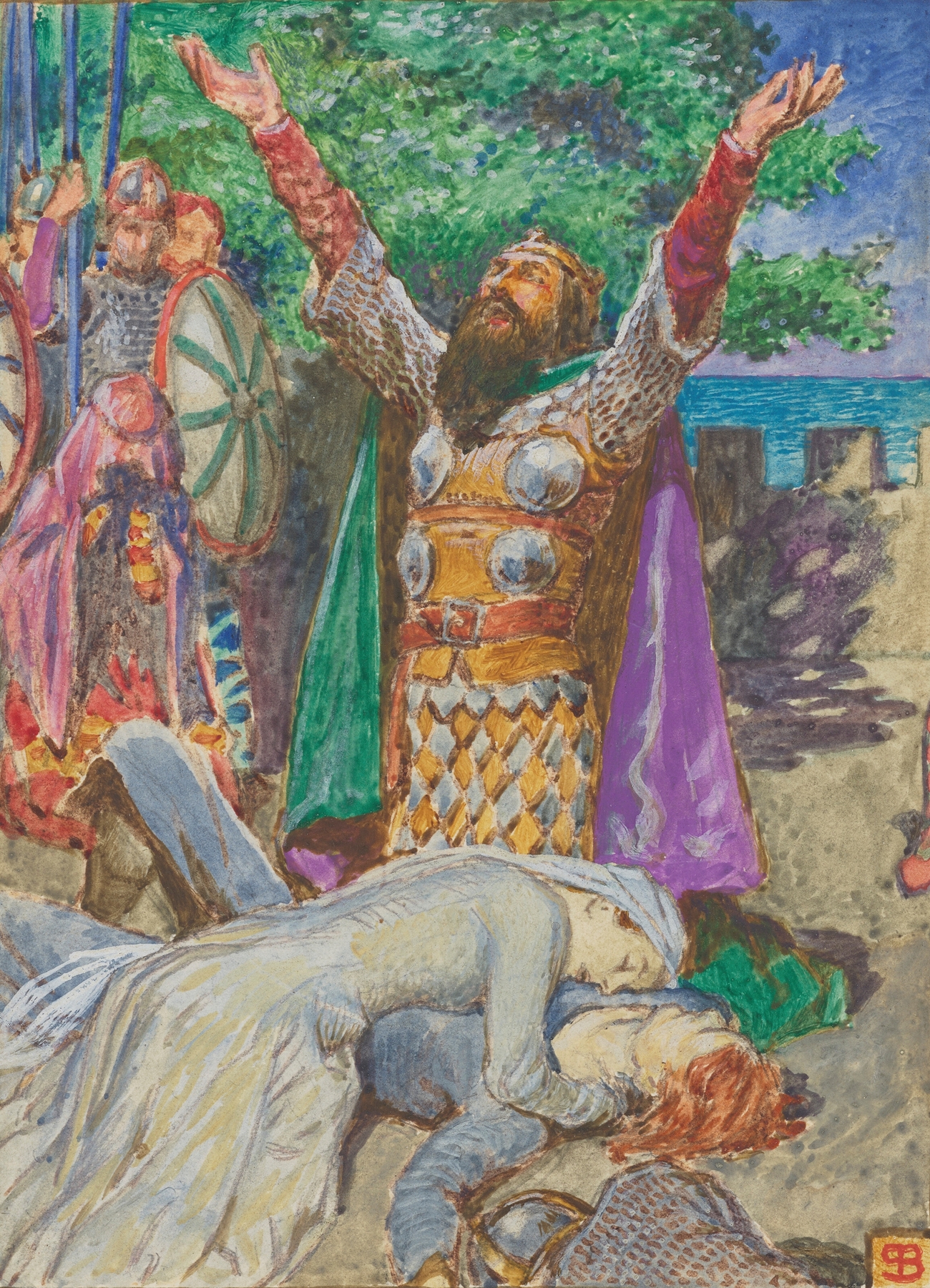 Illustration by Byam Shaw depicting entwined figures in a sorrowful scene, medium unknown.