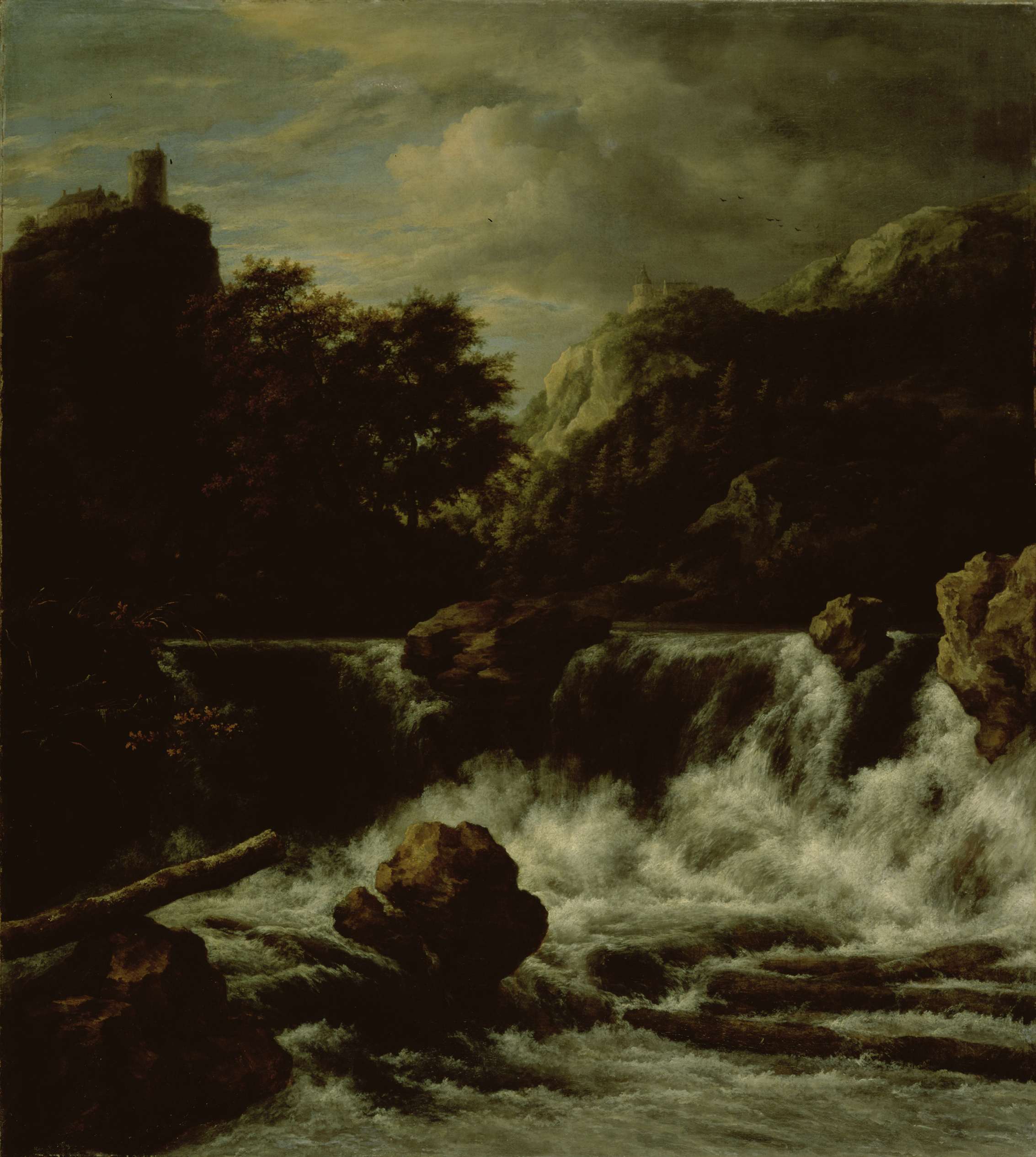 Mountainous Landscape with Waterfall, by Jacob Isaacksz van Ruisdael, public domain