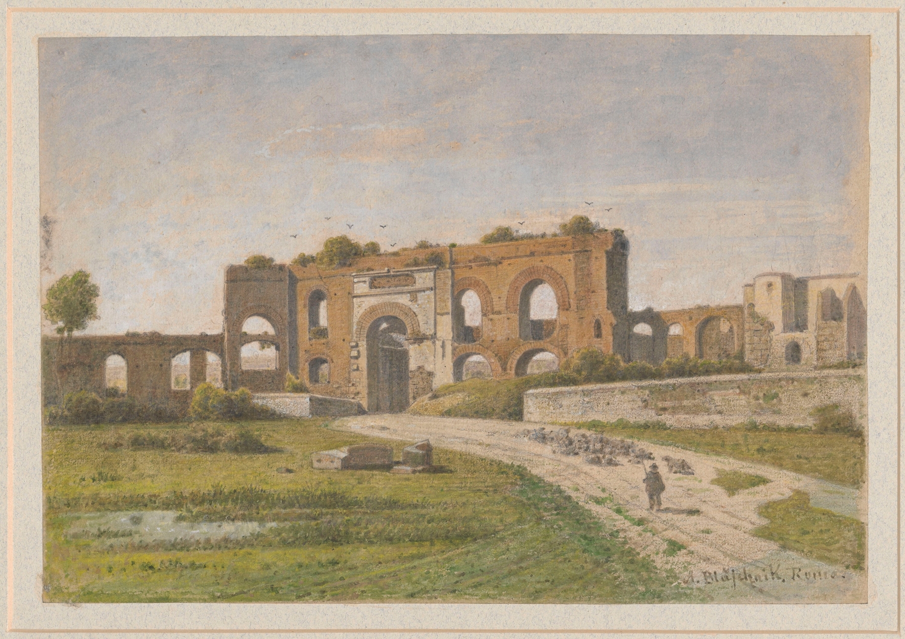 View of a fragment of aqueduct by Porta Maggiore in Rome, view from the side of Piazza di Porta Maggiore, by Arthur Blaschnik, public domain