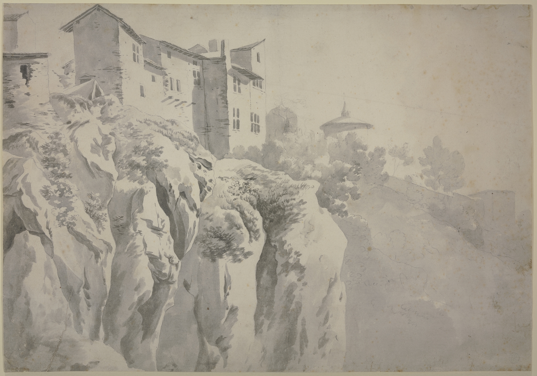 Etching by Jean-Jacques de Boissieu of houses on high rocks with clouds.
