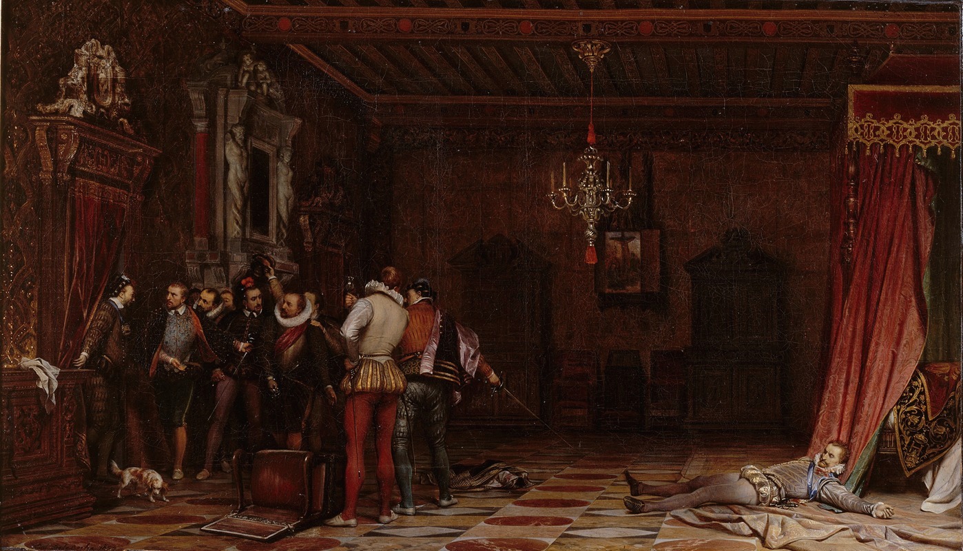 This painting depicts the assassination of Duke of Guise in a dramatic historical scene.