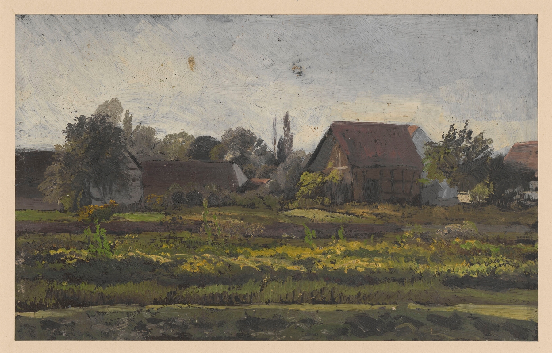 Rural buildings in Jelcz by Adolf Dressler, depicting a serene landscape with quaint structures and soft light.