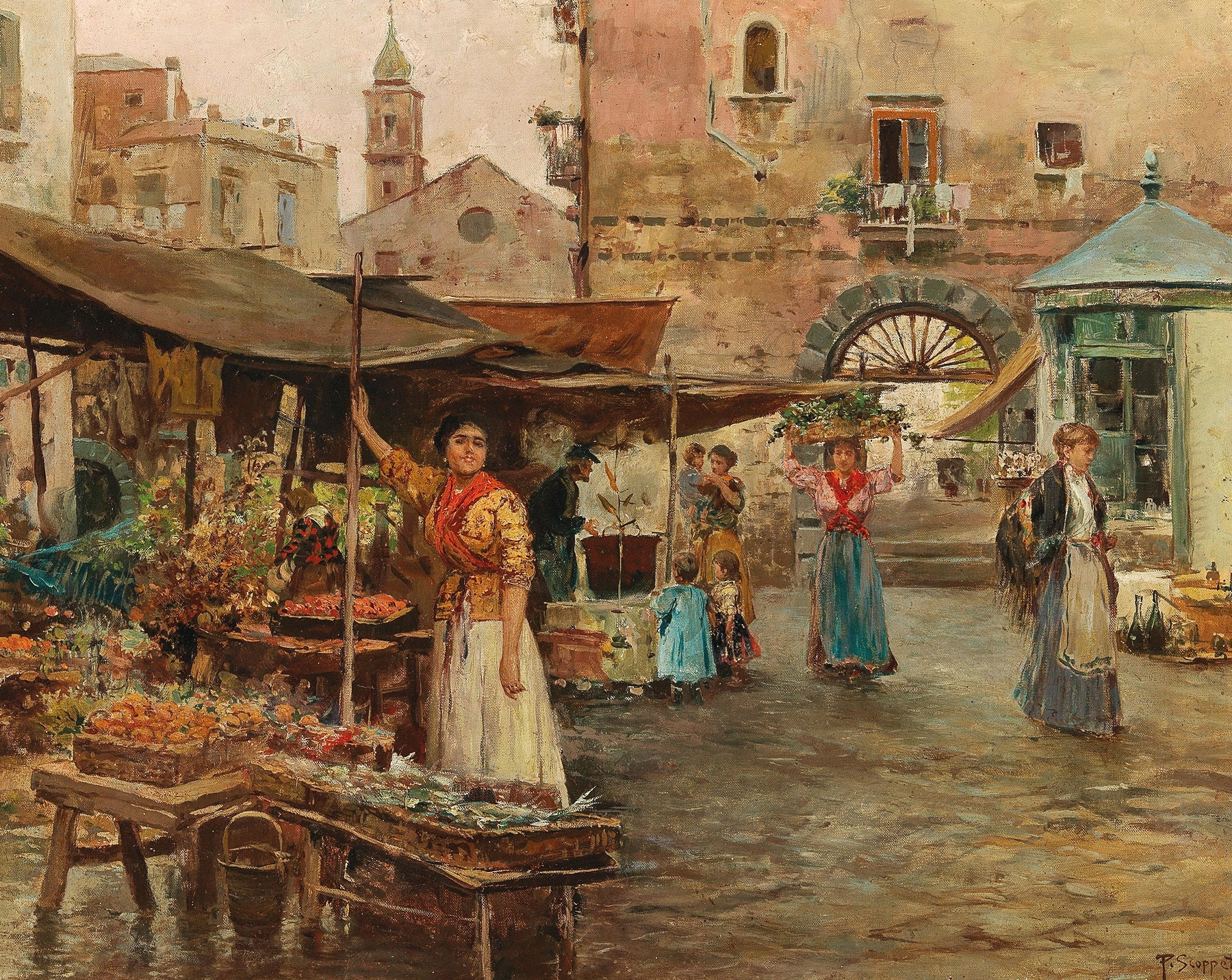 Genre scene depicting a market in Naples by Pietro Scoppetta, oil painting