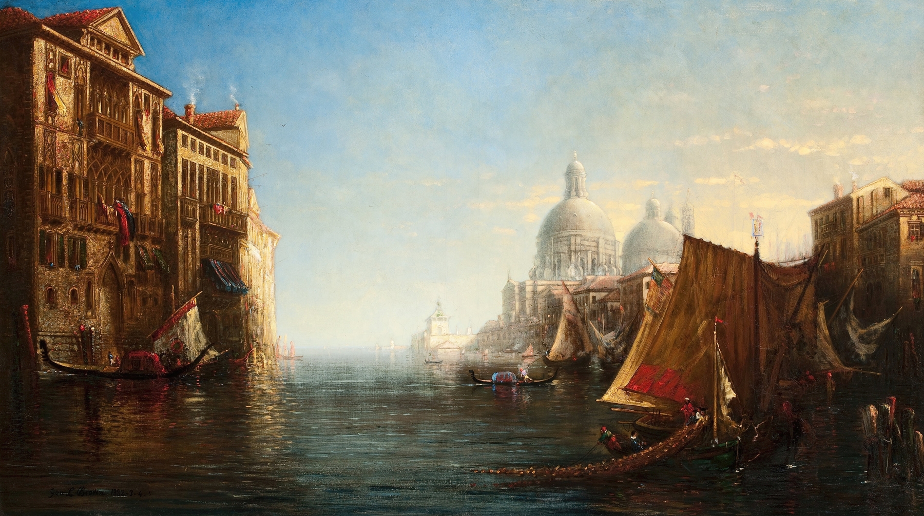 Morning on the Grand Canal, Venice by George Loring Brown, oil on canvas depicting a tranquil dawn landscape.