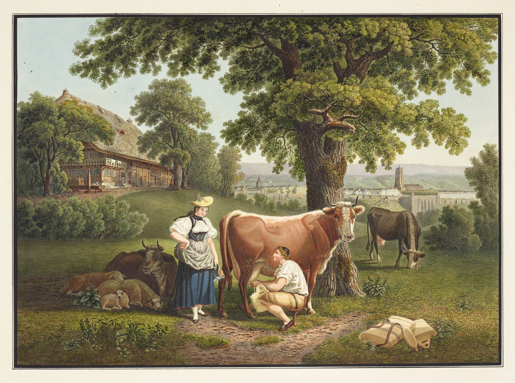 Vue de Berne depuis le Sandrain, oil painting by Gabriel Lory the older, depicting rolling hills and a bright sky.