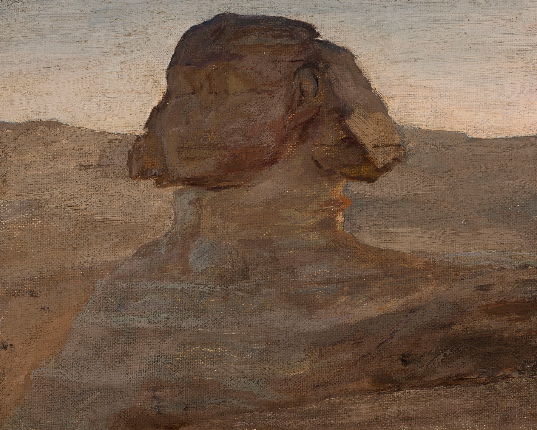 Sphinx in the evening by Jan Ciągliński, oil painting depicting a monumental figure at twilight.